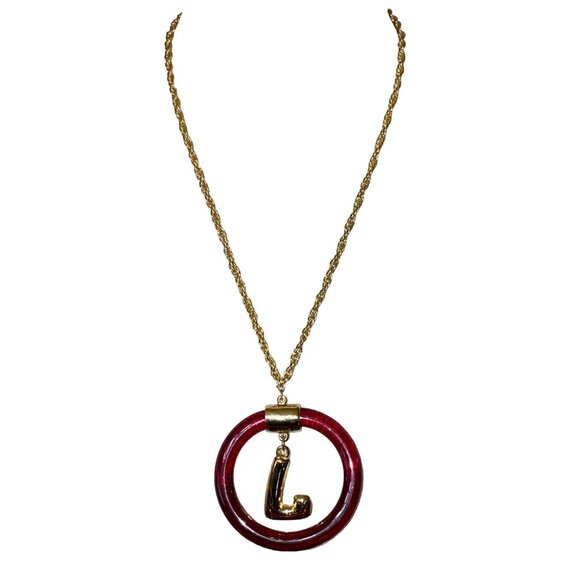 Necklace Circle L Pendant Women Plastic Metal Gold Chain Brown - Picture 2 of 4